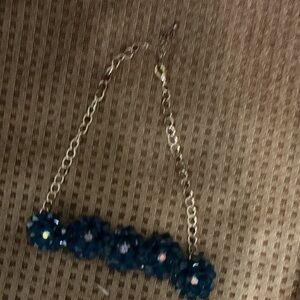 Gold Chain Necklace with Dark Blue Floral Crystal Accents